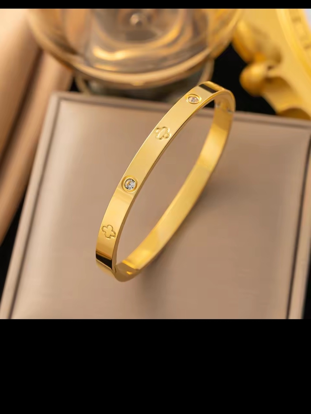 Elegant Gold plated 14k Clover Accent Bangle Bracelet